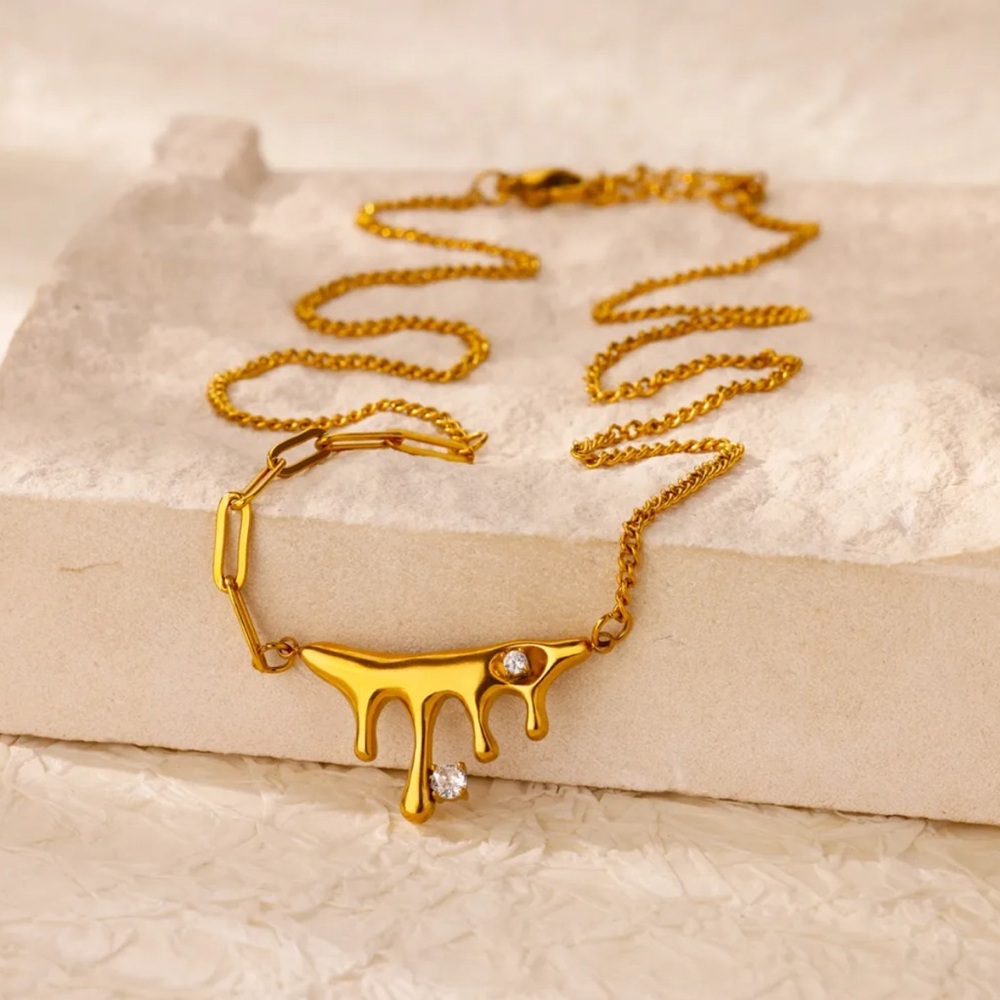 18k Gold Liquid Melting Mixed Chain Statement Necklace Diamond Accents No Fade